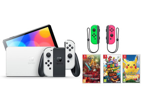 Nintendo Switch OLED (Blanca) + 3 Juegos + Joy Con Set (Verde / Rosa)