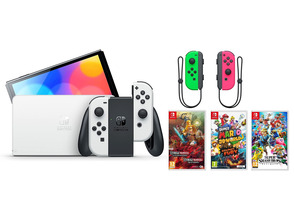 Nintendo Switch OLED (Blanca) + 3 Juegos + Joy Con (Verde / Rosa)