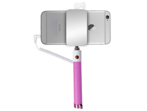 Telescopic Audio Wired Selfie Stick Monopod with Rear View Mirror Rose Red