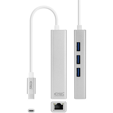 Câble USB C 3.0 a RJ45 + 3xUSB 3.0 Nanocable Plata