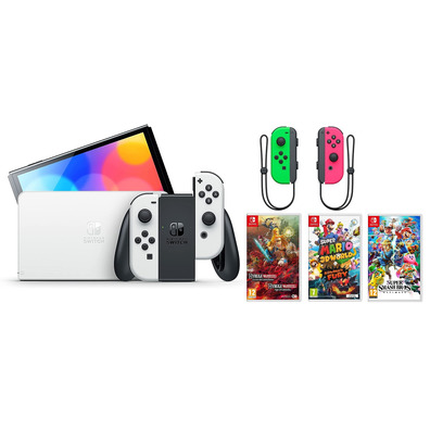 Nintendo Switch OLED (Blanca) + 3 Juegos + Joy Con (Verde / Rosa)