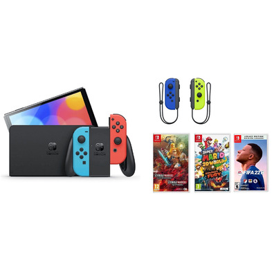 Nintendo Switch OLED (Neon Azul / Rojo) + 3 Juegos + Joy Con Set (Azul/Amarillo)